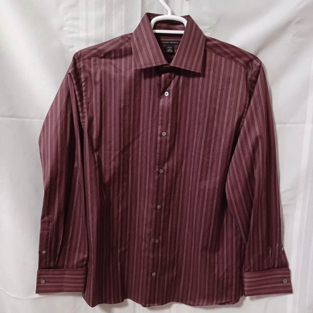 Banana Republic Dress Shirt Mens L Burgundy Striped Long Sleeve 100% Cot 16-16.5